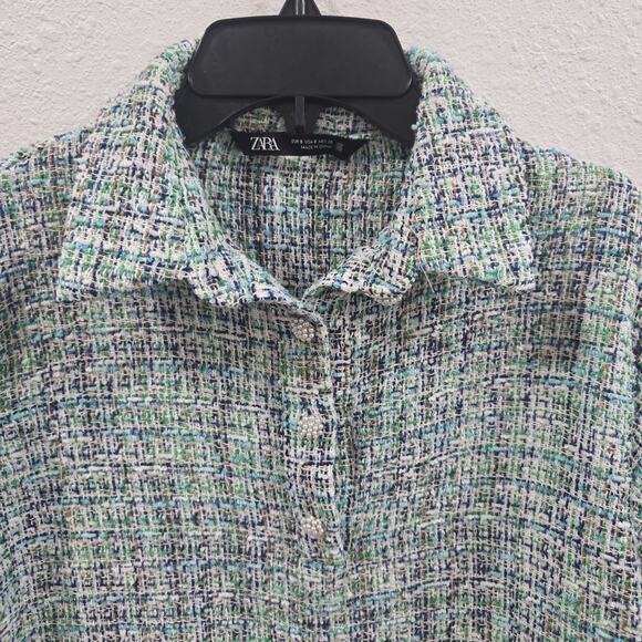 ZARA Short-Sleeve Tweed Crop Top Shirt Women’s Size S Green Blue White Bouclé... - Picture 3 of 10